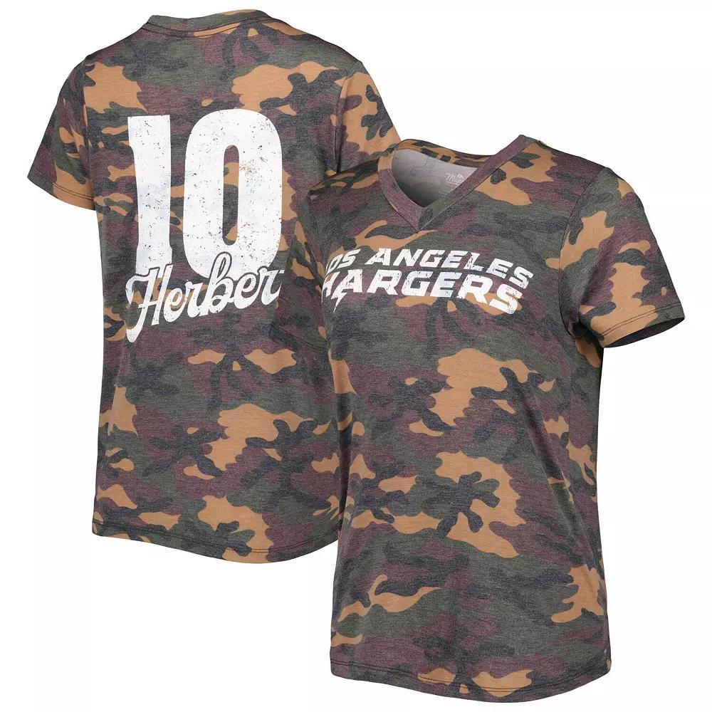 Women's Majestic Threads Justin Herbert Camo Los Angeles Chargers Name & Number V-Neck Tri-Blend T-Shirt,  Product Image