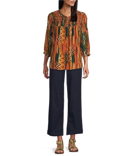 Intro Petite Size Crinkle Gauze Ikat Print Crew Neck 3/4 Sleeve Smocked Detail Button-Front Blouse Product Image