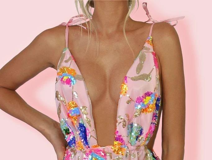 Spaghetti-Strap V-Neck Sequin Mini A-Line Dress Product Image