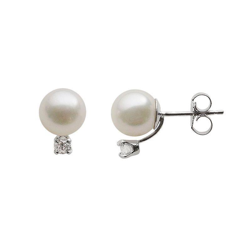 18k White Gold AA Akoya Cultured Pearl and 1/7-ct. T.W. Diamond Stud Earrings (7-7.5 mm), Womens Product Image