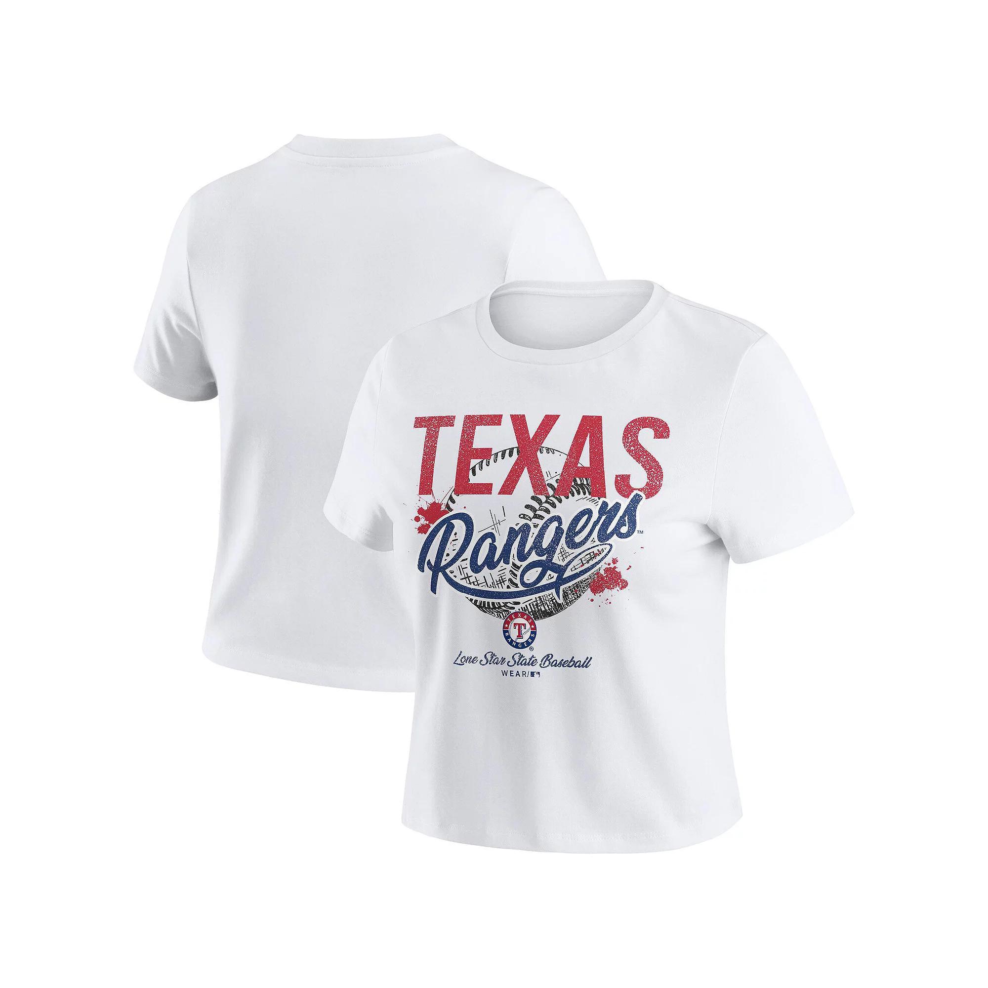 Women's WEAR by Erin Andrews  White Texas Rangers Distressed Cropped Baby T-Shirt, Size: Large Product Image