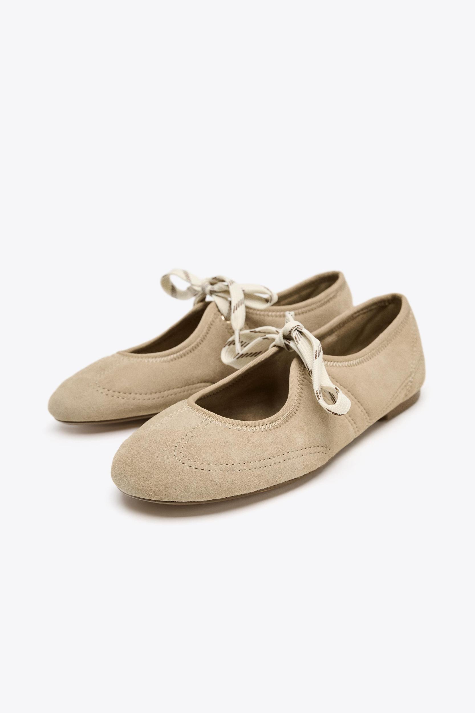 SPLIT LEATHER LACE-UP BALLET FLATS Product Image