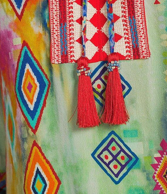 John Mark Embroidered Printed Split V-Neck 3/4 Cinched Sleeve Tassel Tie Front Tunic Product Image