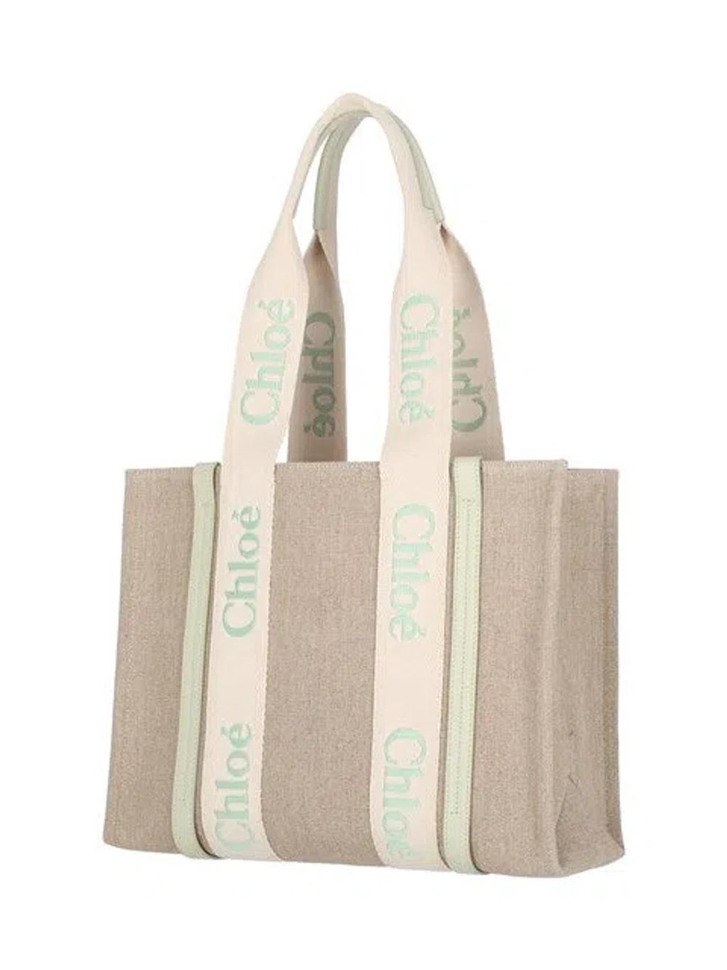 CHLOÉ Woody Linen Medium Tote Bag In Light Eucalyptus Product Image