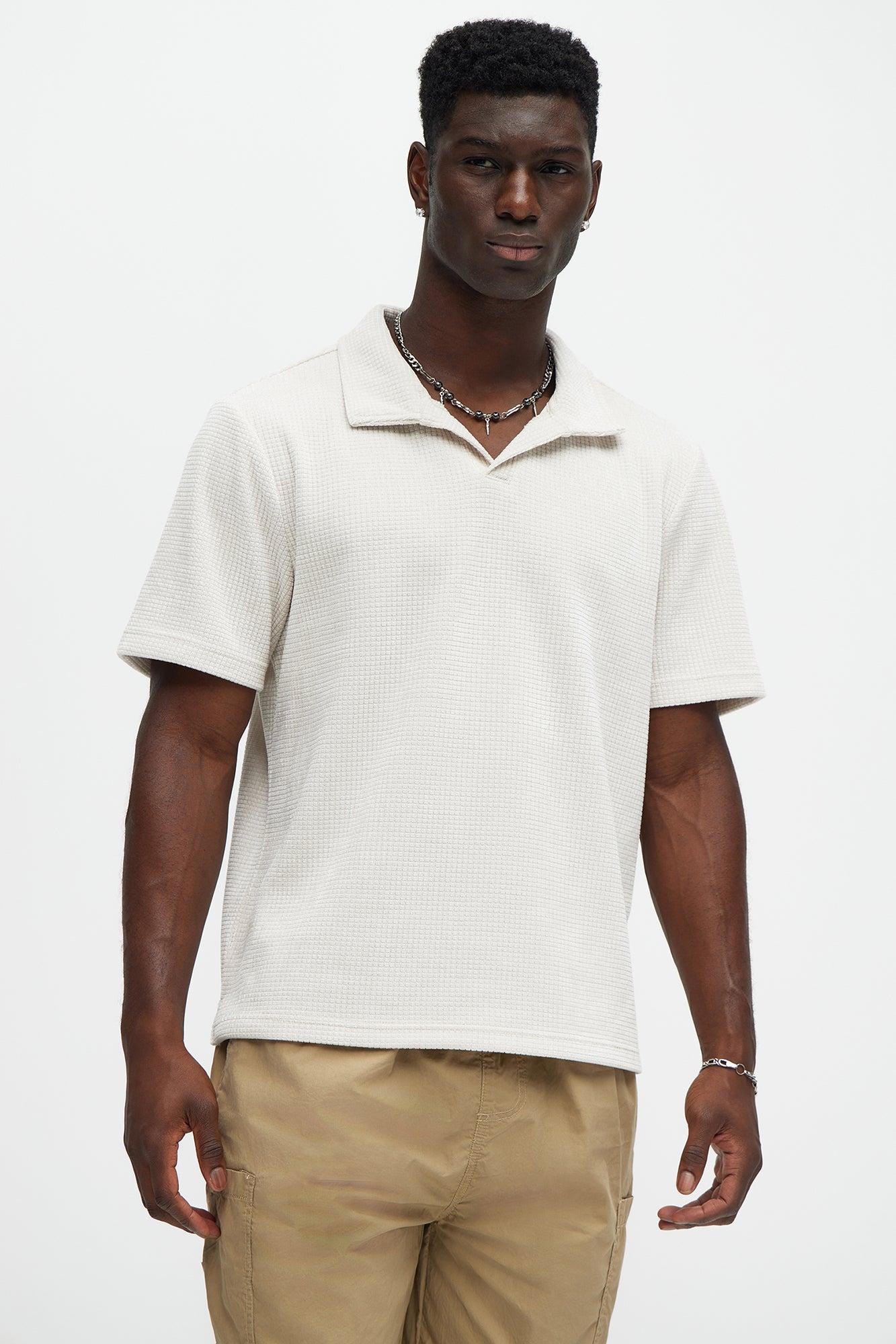 Greenville Waffle Knit Johnny Collar Short Sleeve Polo - Cream Product Image