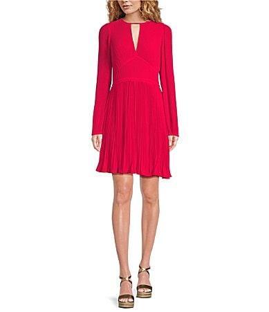 MICHAEL Michael Kors Solid Eco Poly Keyhole V-Neck Elastic Sleeve Cuff Fit  Flare Dress Product Image