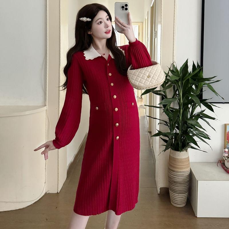 Maternity Long Sleeve Peter Pan Collar Two Tone Button Down Midi Sweater Dress Product Image