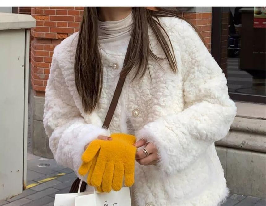 Round Neck Plain Fluffy Buttoned Jacket Product Image