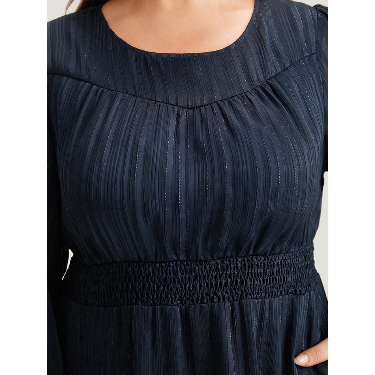 Plus Size Plisse Shirred Pocket Lantern Sleeve Dress DarkBlue Women Elegant Elastic cuffs Round Neck Long Sleeve Curvy Midi Dress BloomChic 30/6X Product Image