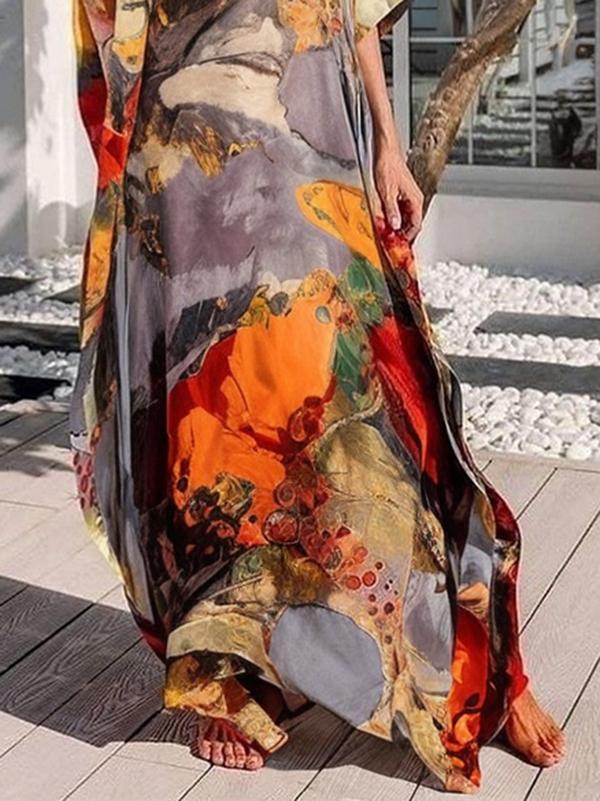 Batwing Sleeves Loose Gauze Printed Split-Joint V-Neck Maxi Dresses Product Image