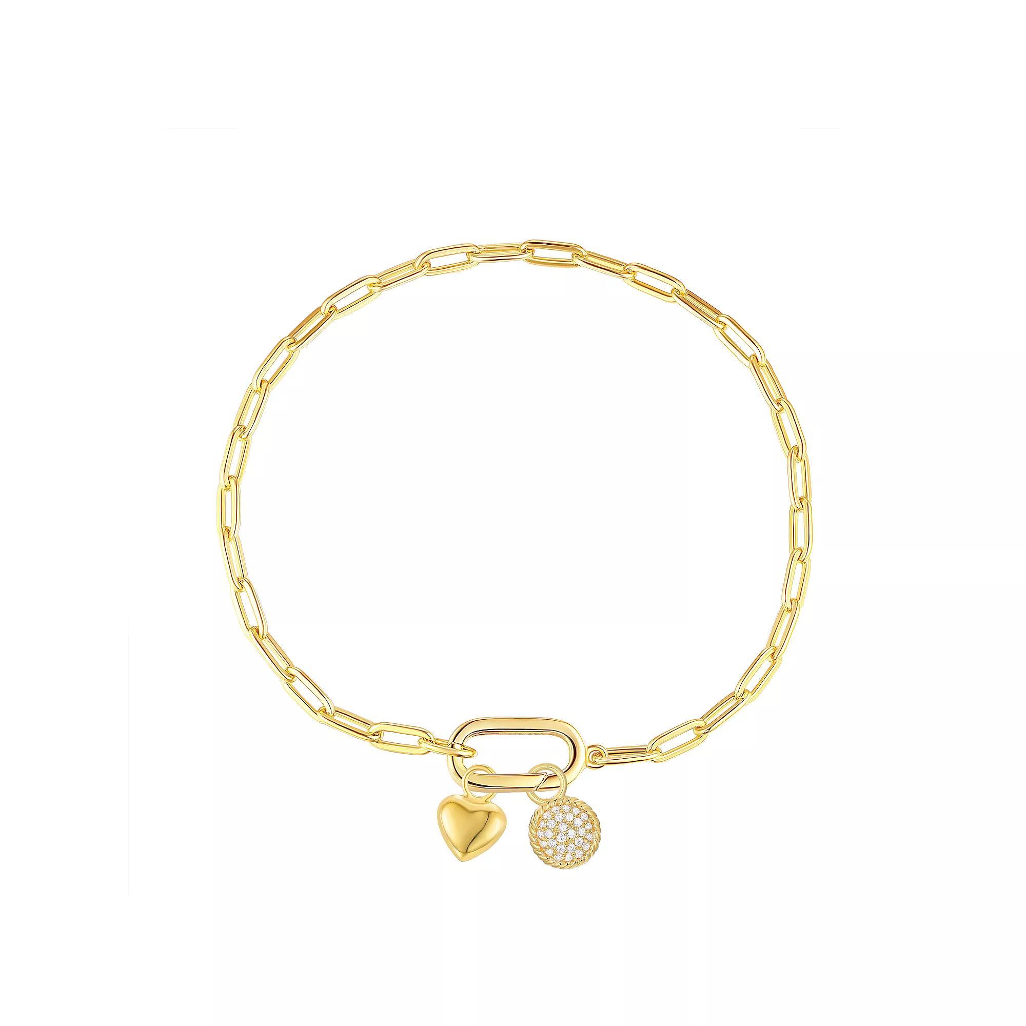 Argento Forte 14k Gold Over Silver Heart & Cubic Zirconia Charm Paper Clip Chain Bracelet - 7.5 in., Women's, Size: 7.5", Sterling Silver Product Image