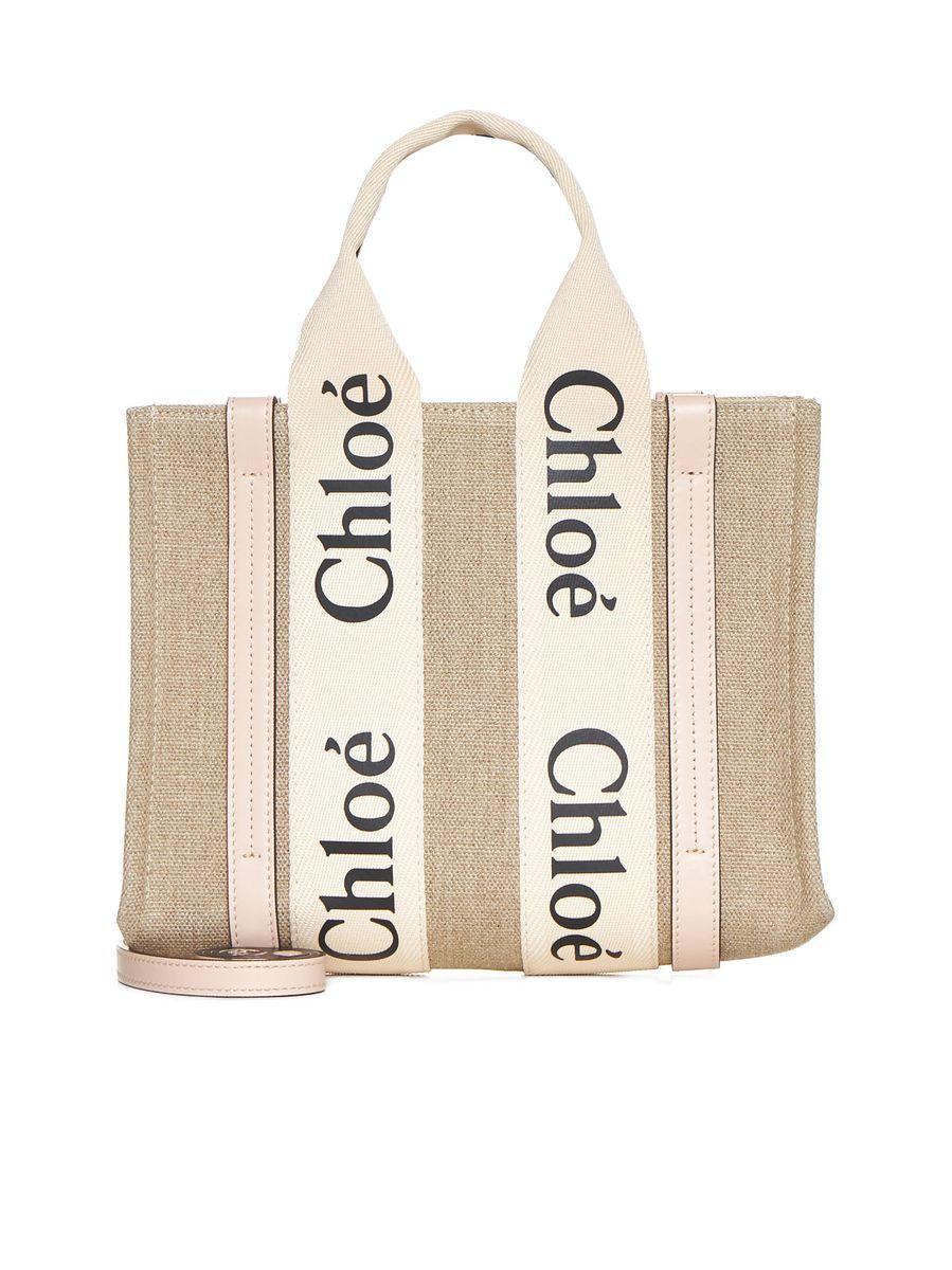 CHLOÉ Woody Small Canvas And Leather Tote Bag In Powder Product Image