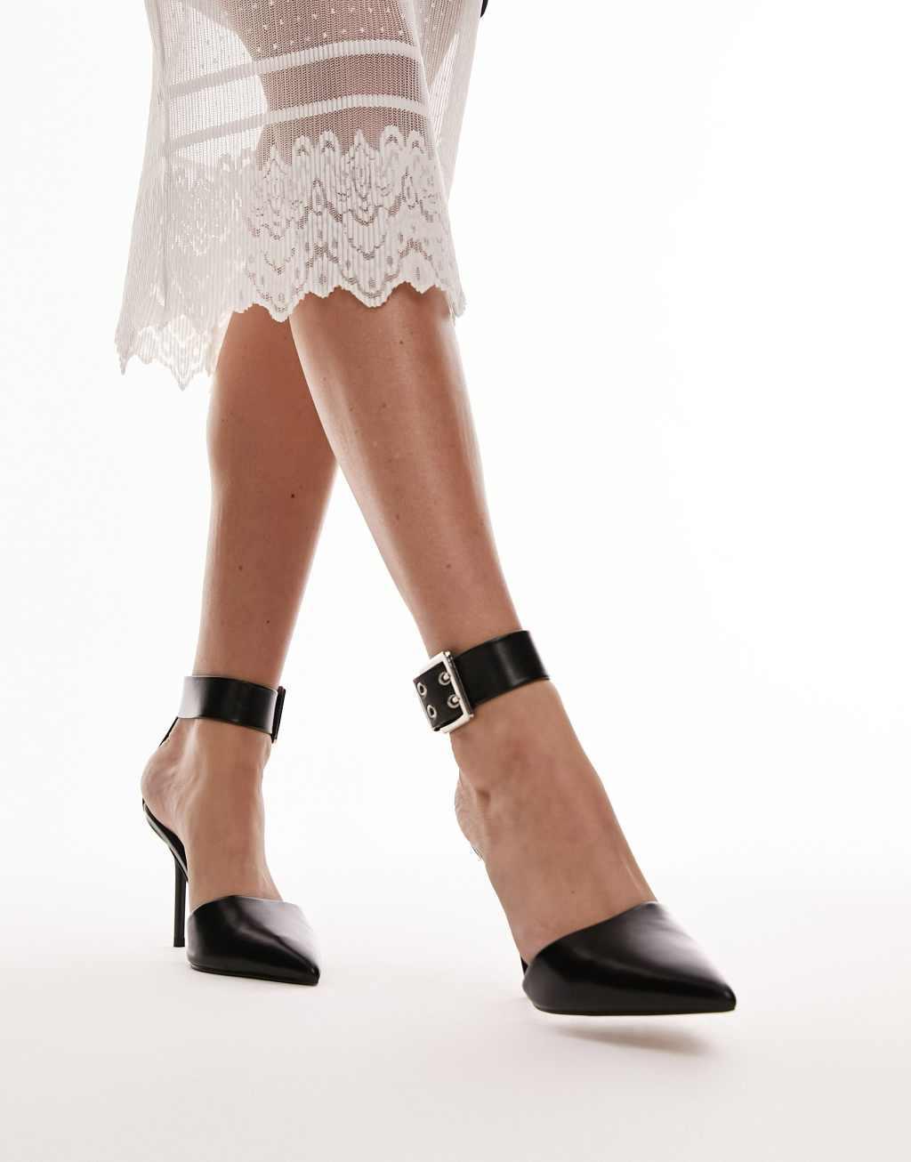 Topshop Esme heeled pumps with buckle ankle strap in black Product Image