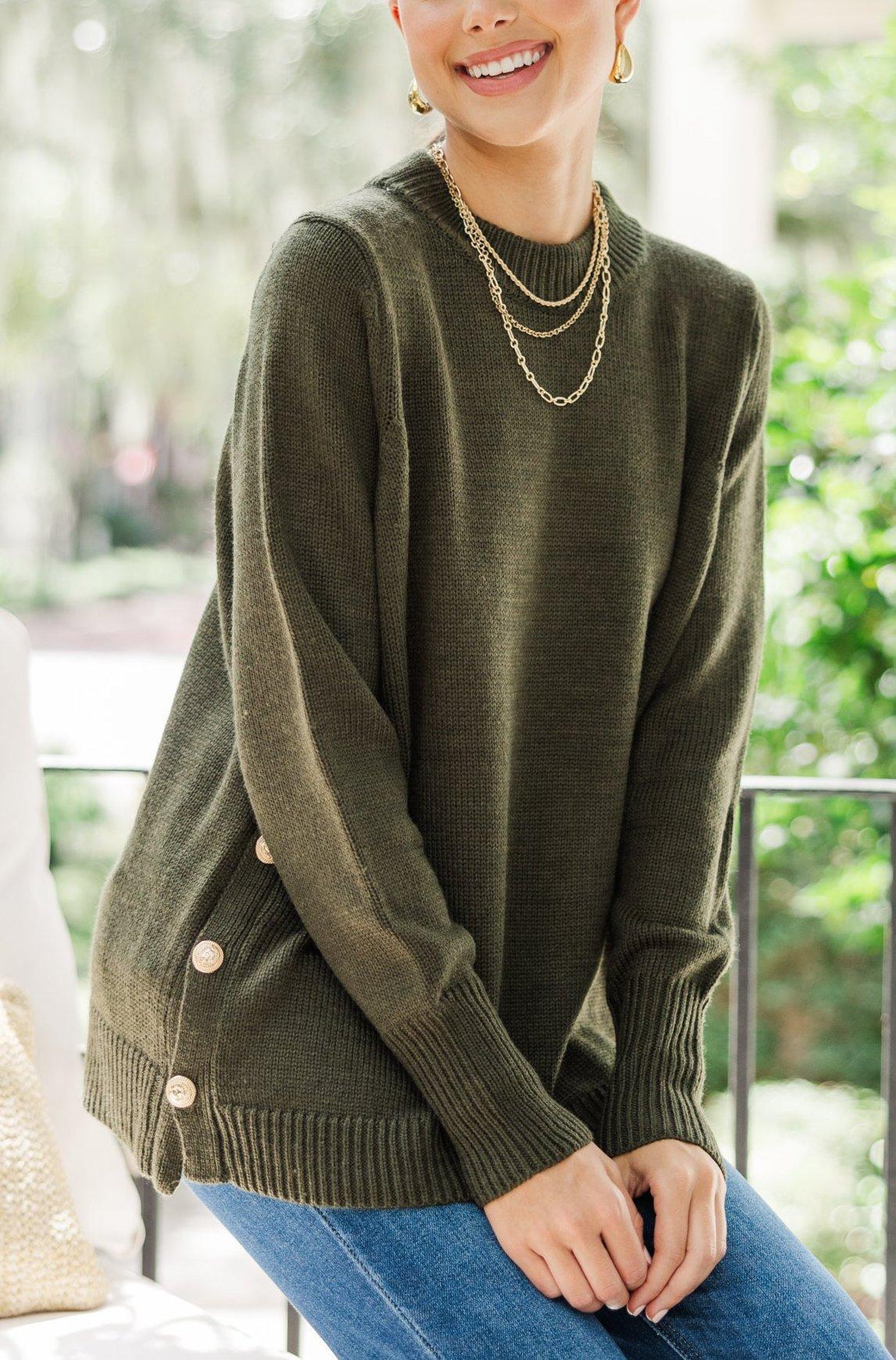 The Slouchy Olive Green Side Button Sweater Female Product Image