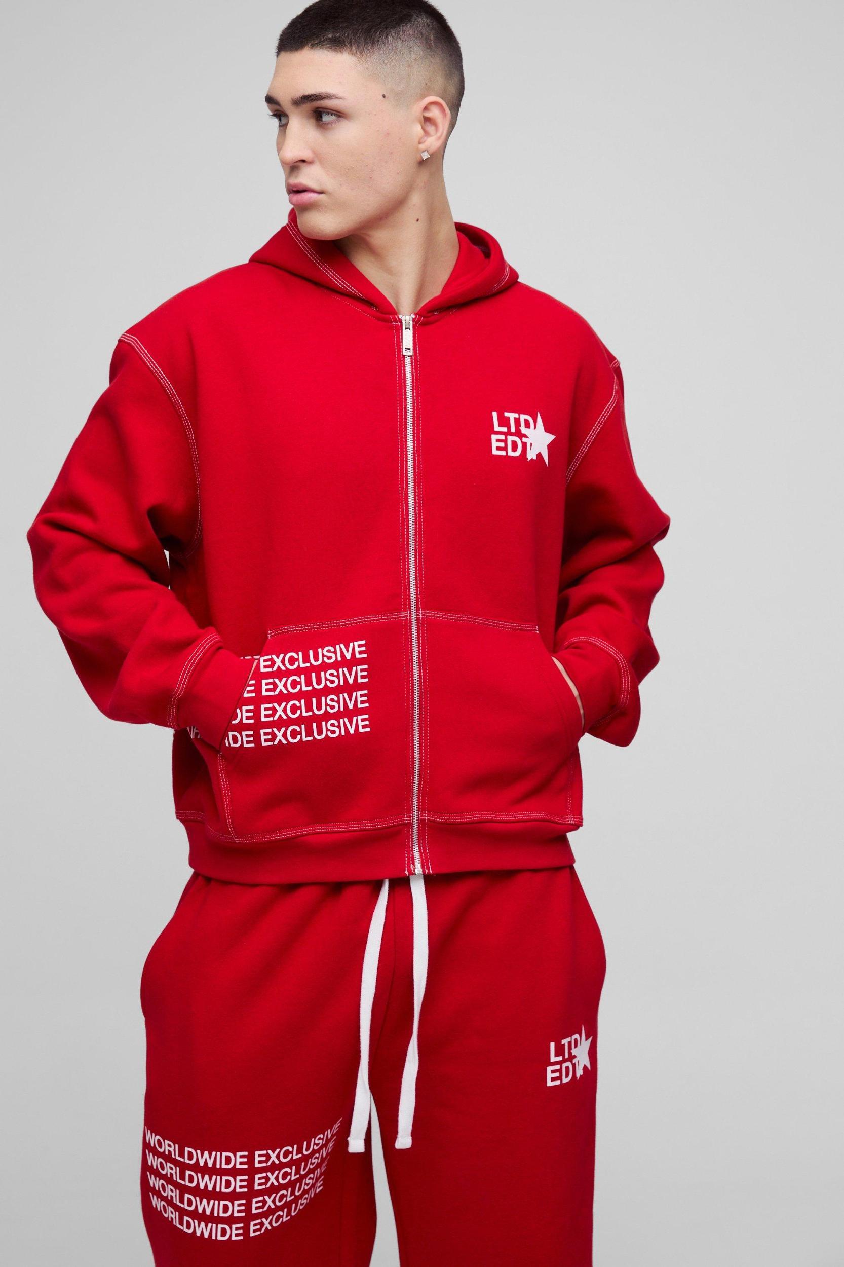 Oversized Boxy Contrast Stitch Printed Zip Through Hooded Tracksuit | boohooMAN USA Product Image