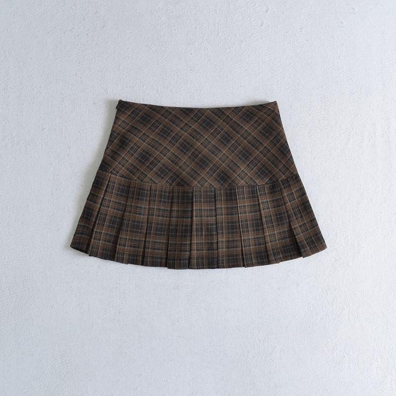 High Rise Plaid Pleated Mini A-Line Skirt Product Image