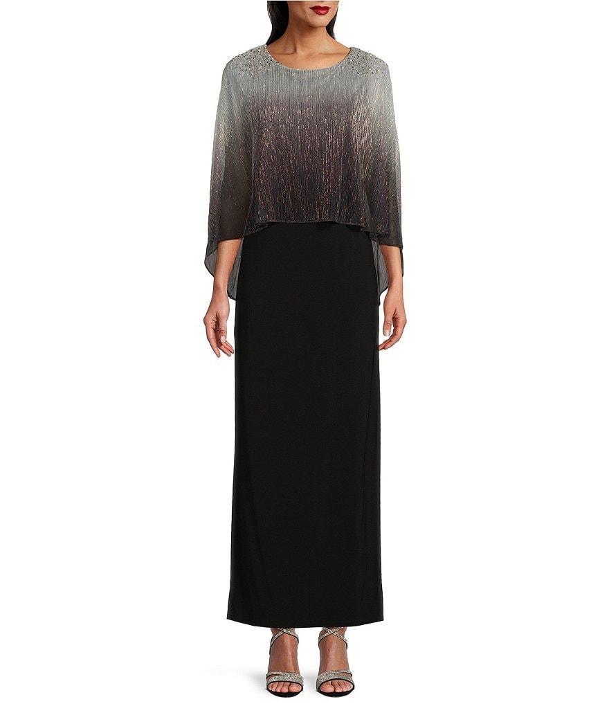 Ignite Evenings Beaded Ombre Popover 3/4 Sleeve Round Neck Gown Product Image