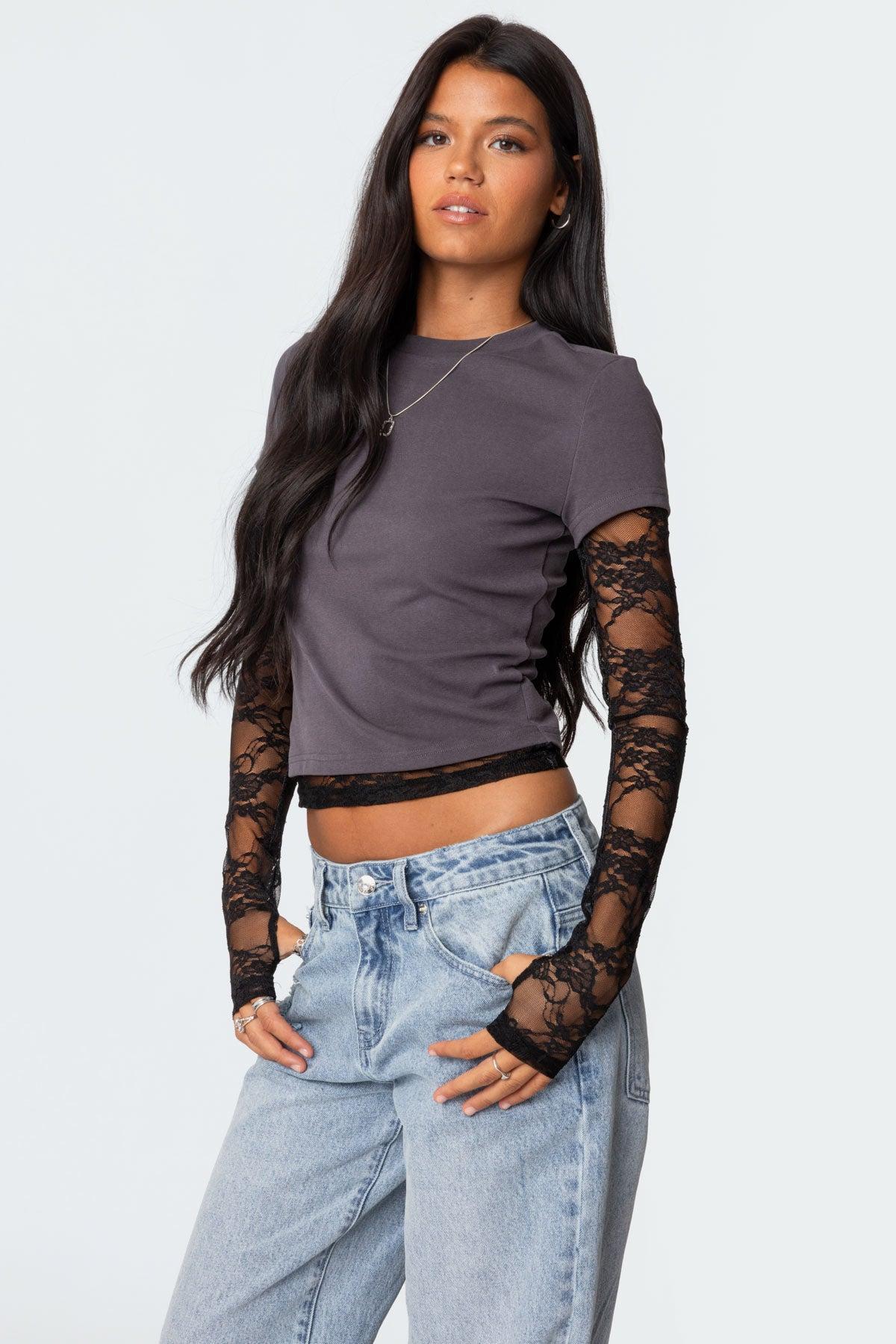 Layered Lace Sleeve T Shirt Product Image