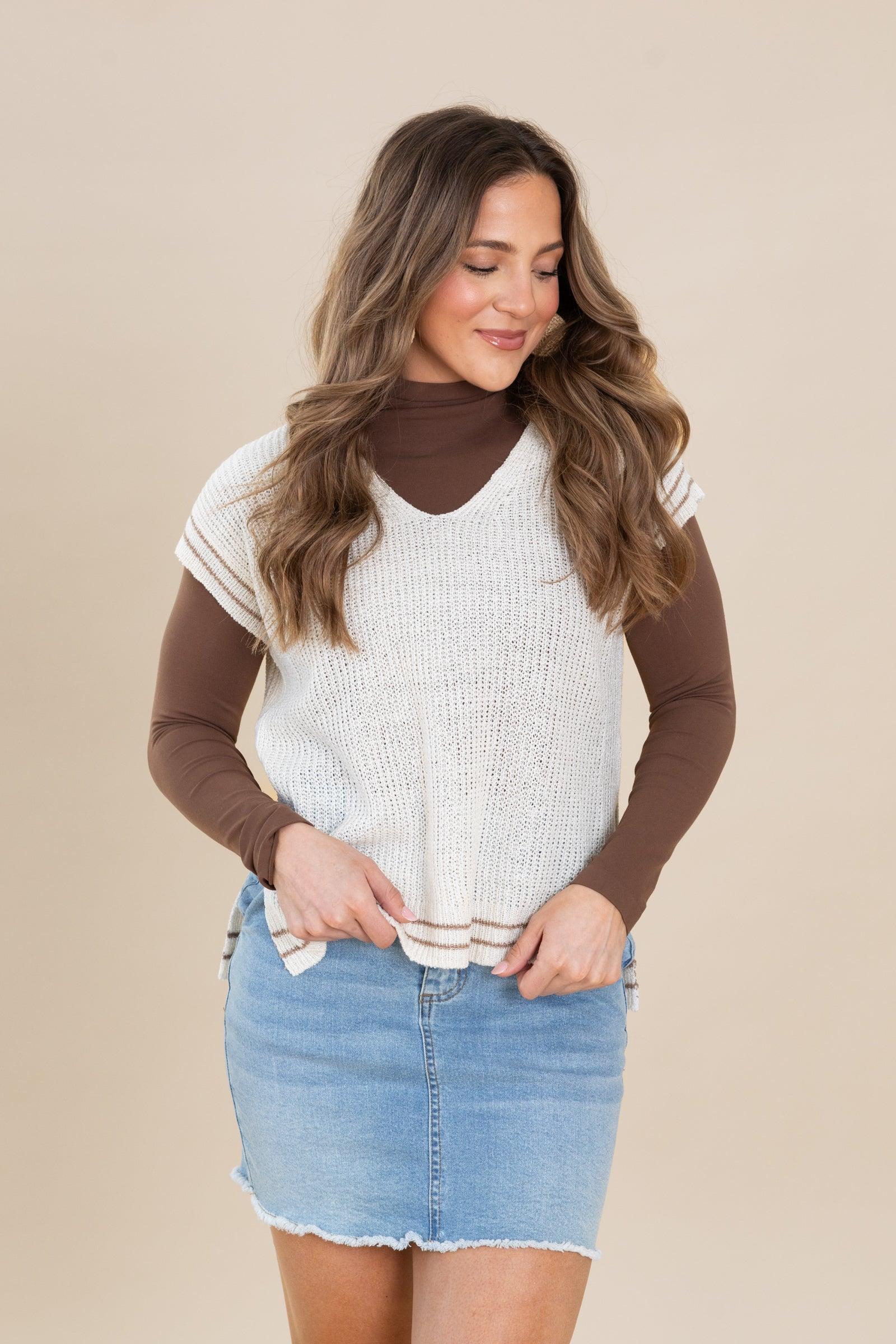 Cream V-Neck Sweater Accent Stripe Detail Product Image