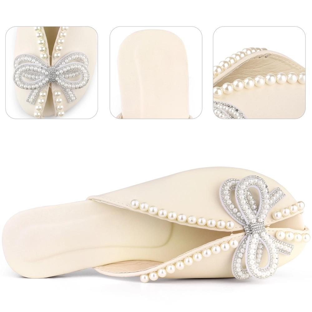 Perphy Women's Peep Toe Pearl Decor Slip-on Flat Slides Mules Product Image