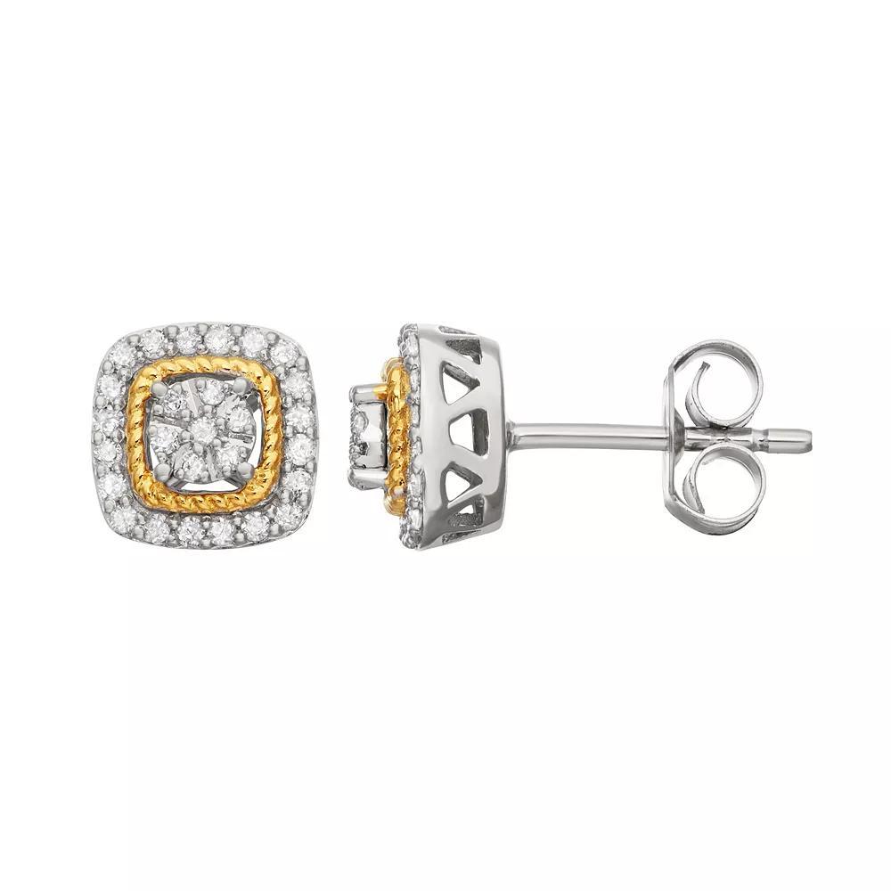 Two Tone Sterling Silver 1/4 Carat T.W. Diamond Square Halo Stud Earrings, Women's, Gold Tone Product Image
