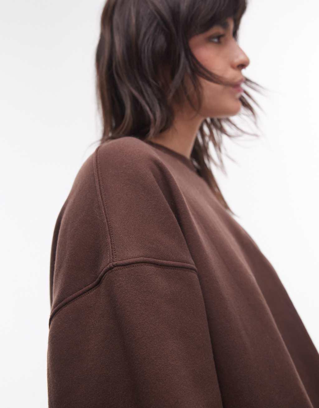 Topshop oversized seamed sweatshirt in dark brown Product Image