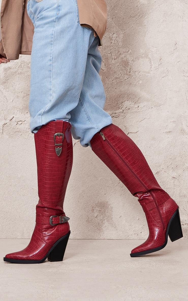 Burgundy Croc PU Point Toe High Block Heel Knee High Western Boots Product Image