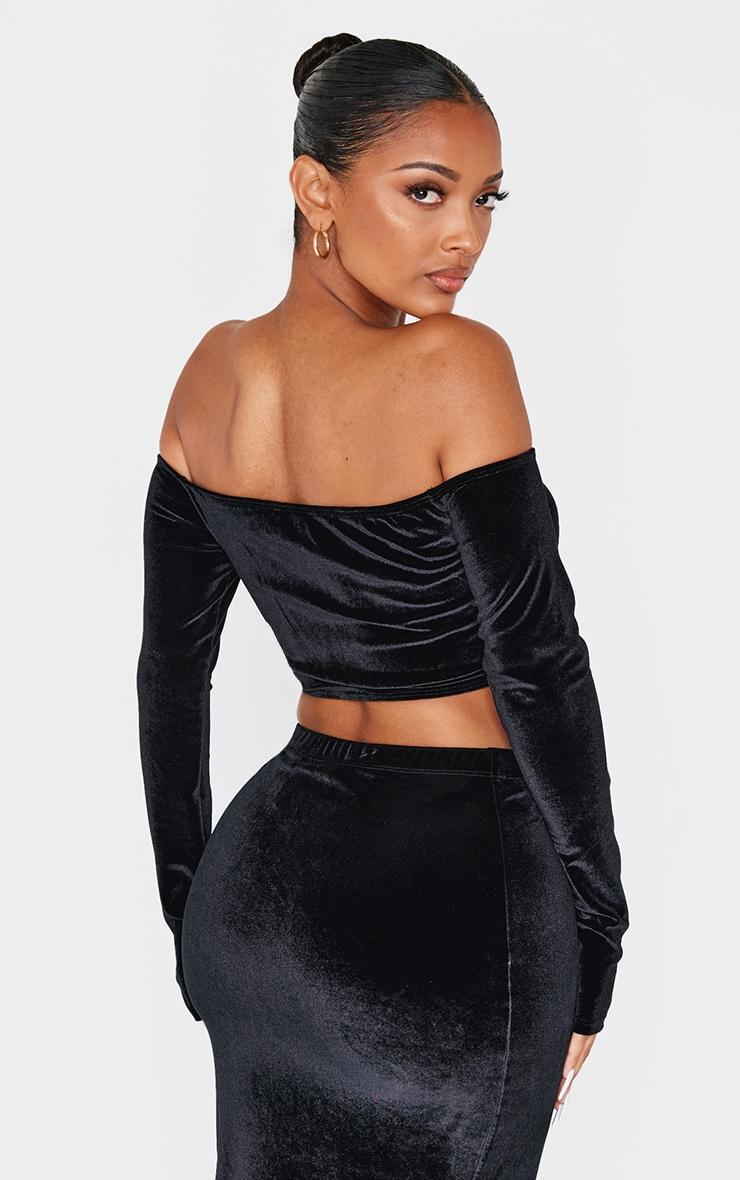 Shape Black Velour Bardot Ruched Sleeve Crop Top Product Image