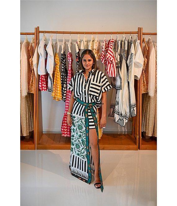 Mo Maya Stripe Print Notch Collar Short Sleeve Coordinating Button Front Shirt Product Image