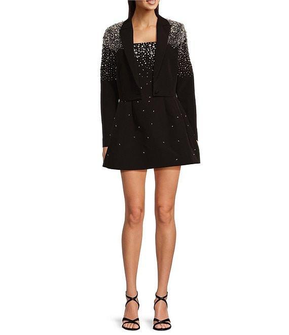 Muse by Marchesa Moonflower Crepe Jeweled Beaded Pearl Notch Lapel Long Sleeve Button Front Cropped Coordinating Blazer Product Image