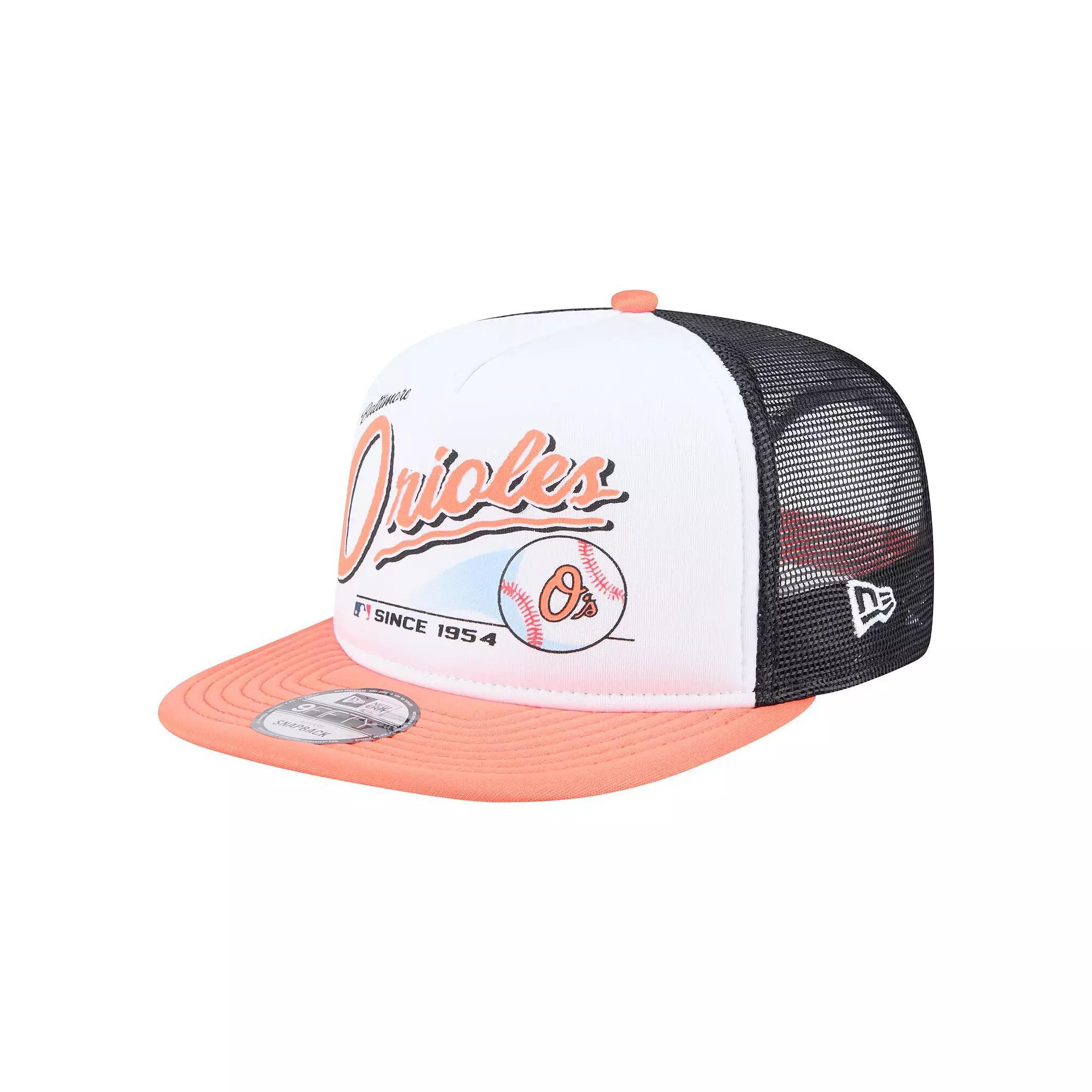 Men's New Era White/Orange Baltimore Orioles Retro Script Trucker 9FIFTY Snapback Hat Product Image
