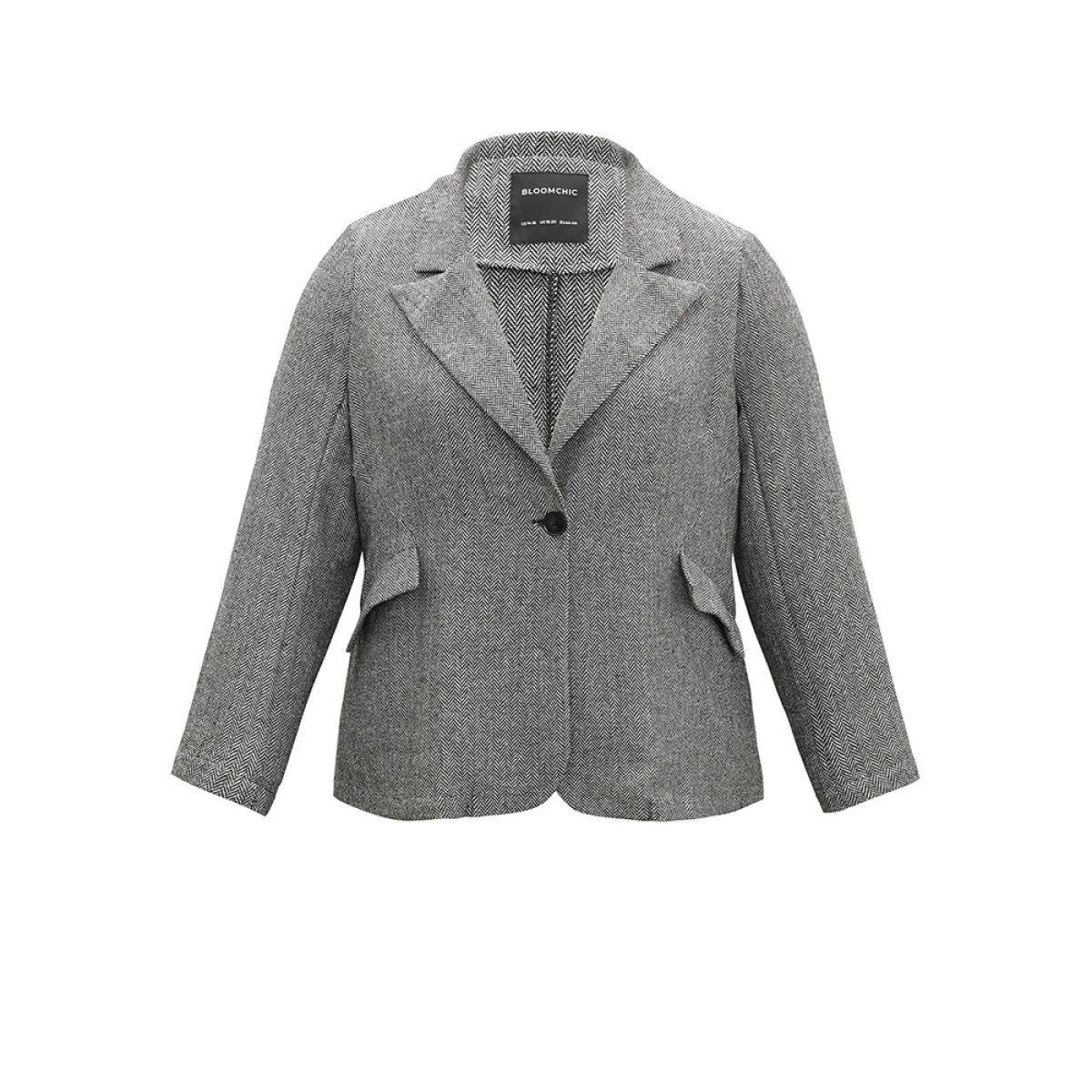 Plus Size Plain Textured Pocket Suit Collar Blazer Black Women Work Plain Texture Sleeve Long Sleeve Suit Collar 26/4X Pocket At the Office Blazers BloomChic Product Image