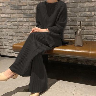 Set: Raglan-Sleeve Round Neck Slit Ribbed Sweater + Wide Leg Knit Pants Product Image