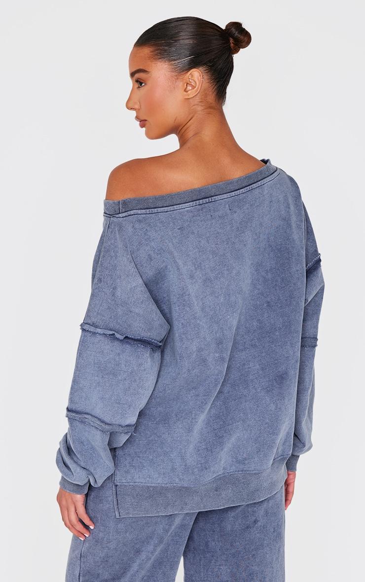  Blue Grey Washed Off The Shoulder Frayed Seam Detail Sweatshirt Product Image