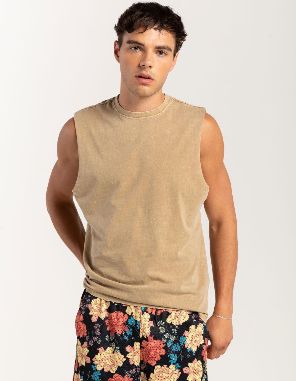 RSQ Mens Acid Wash Muscle Tee - OLIVE Product Image