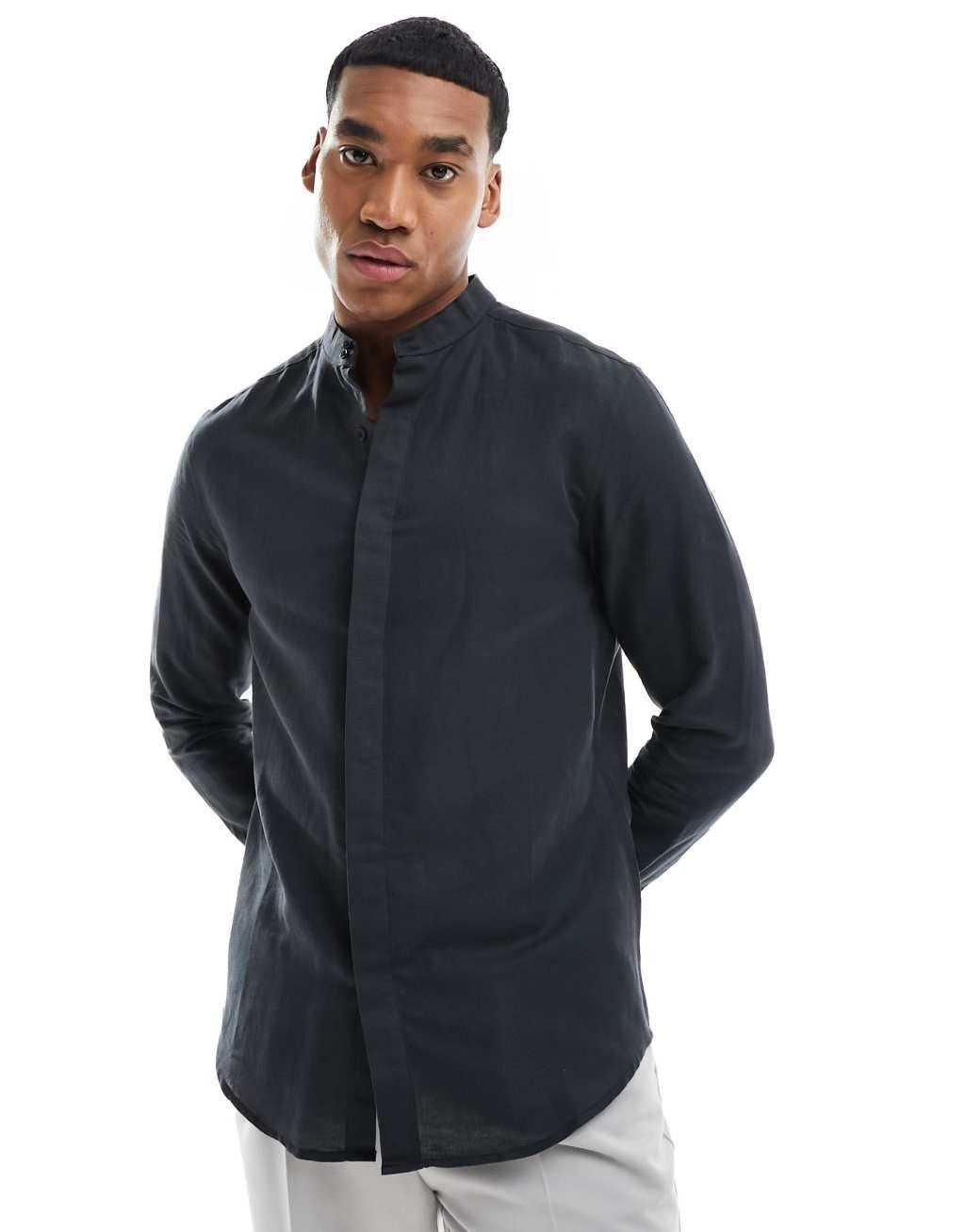 ASOS DESIGN smart linen shirt with deep grandad collar Product Image