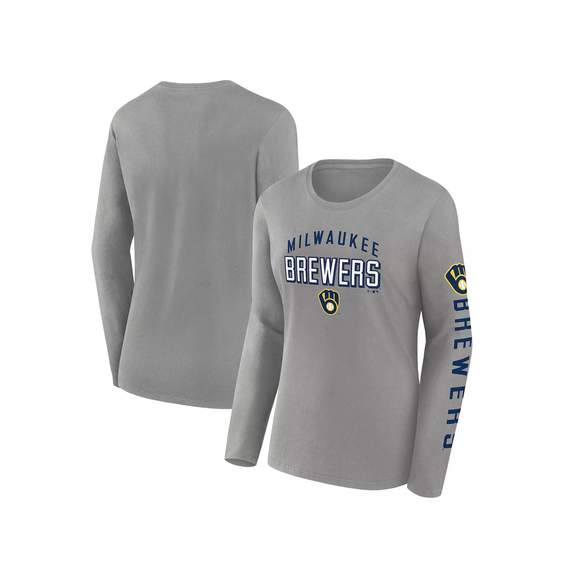 Women's Fanatics  Gray Milwaukee Brewers Team Long Sleeve T-Shirt, Size: Large, Grey Product Image