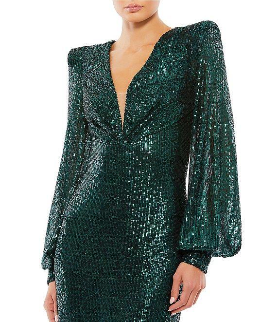 Mac Duggal Plunge V-Neck Long Bishop Sleeve Sequin Sheath Midi Dress Product Image