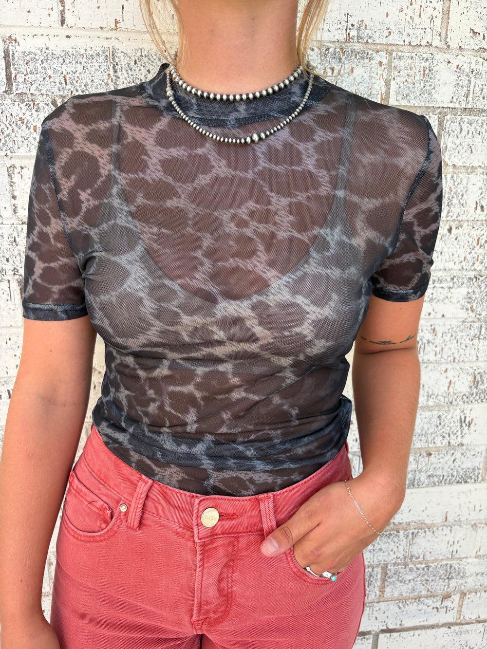 L&B Grey Leopard Short Sleeve Mesh Top Product Image