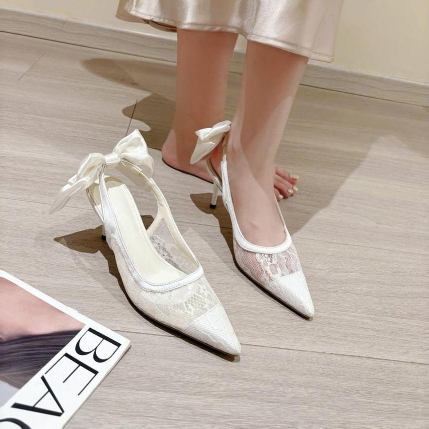 Stiletto Pointed Toe Bow Accent Lace Slingback Sandals Product Image