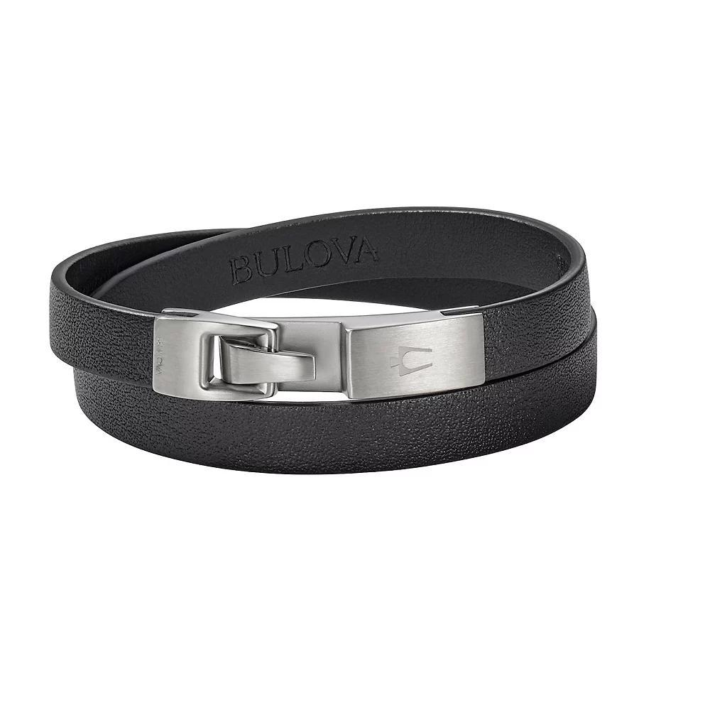 Bulova Mens Stainless Steel & Black Leather Double Wrap Bracelet Multi Product Image