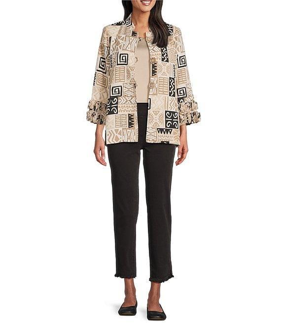 Multiples Petite Size Textured Bark Cloth Patchwork Print Banded Collar 3/4 Sleeve Button Front Jacket Product Image