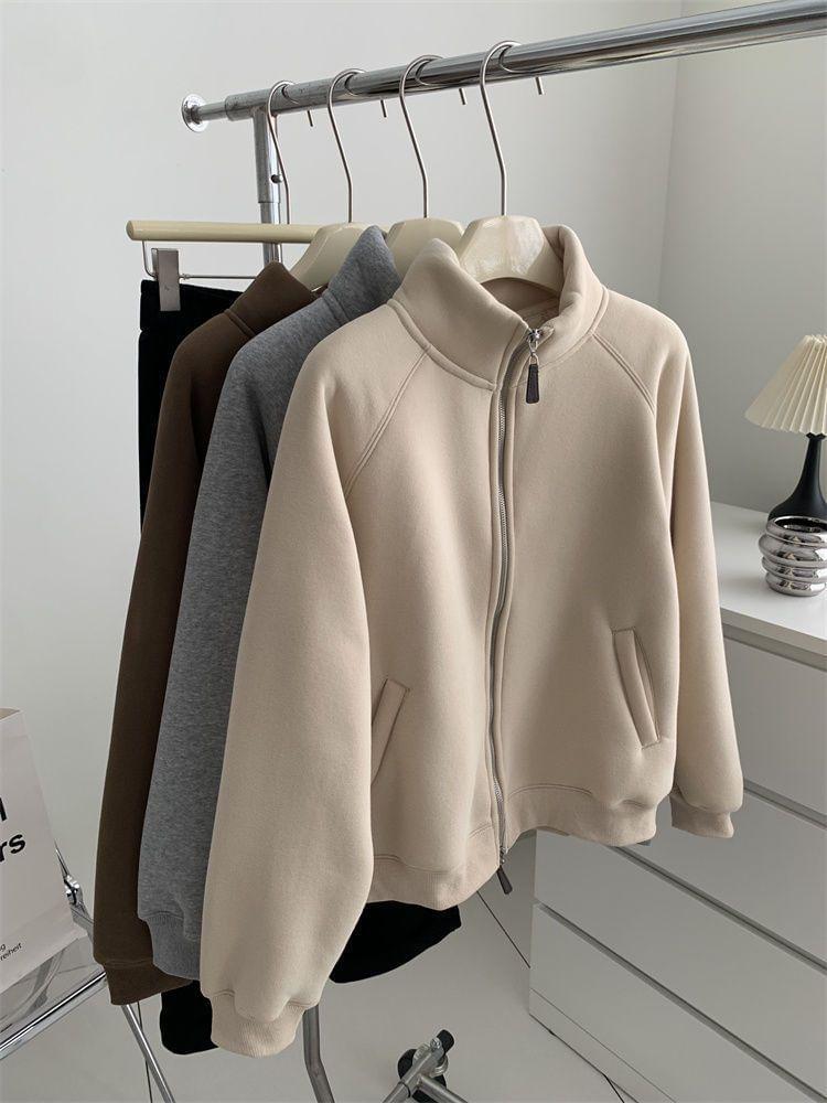 Stand Collar Plain Fleece Lined Zip Jacket Product Image