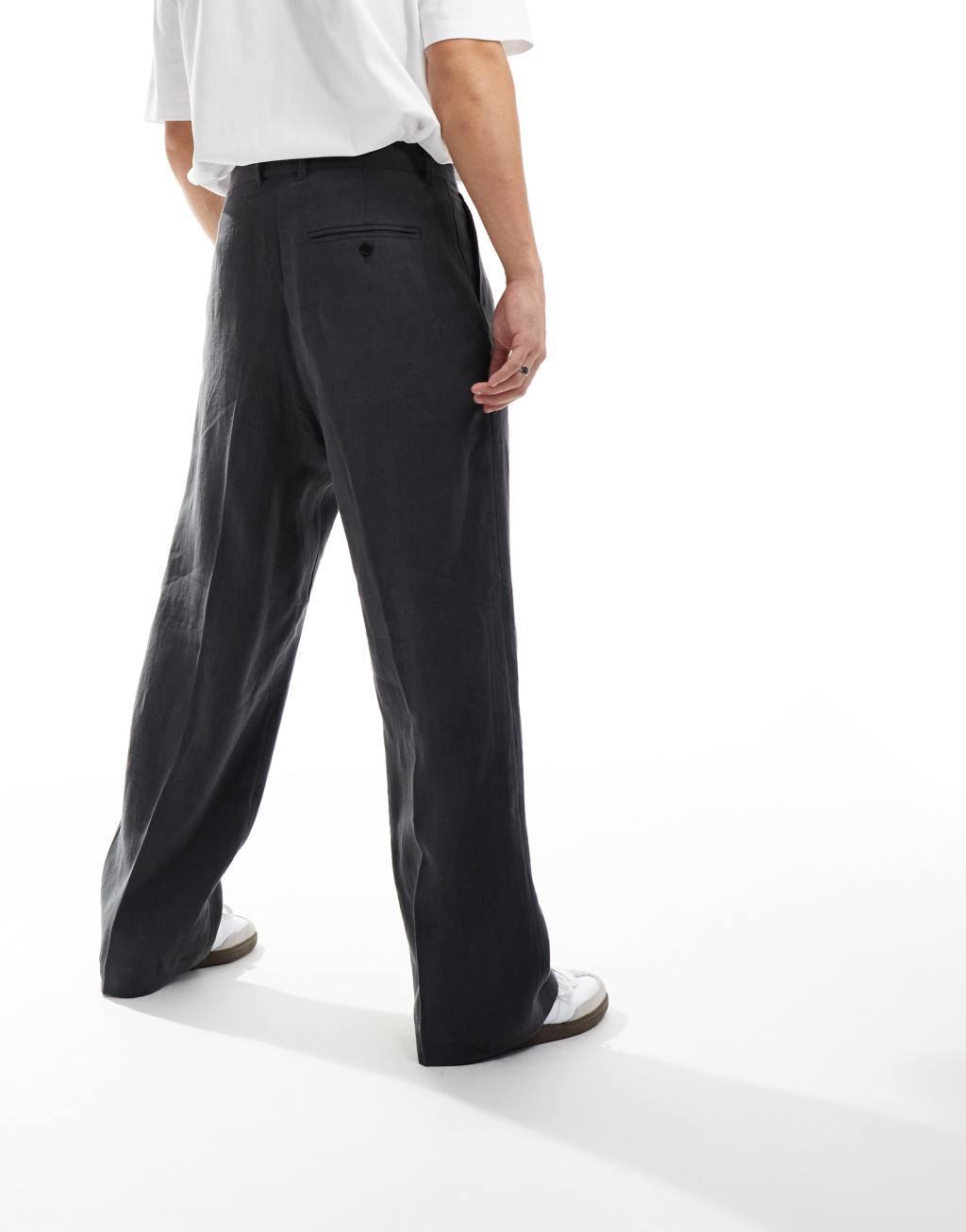 Weekday linen relaxed fit tailored pants in washed black Product Image