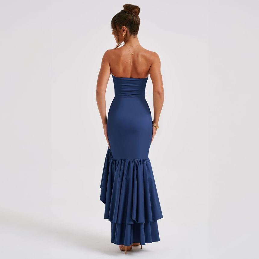 Strapless Plain Ruffle Hem Bodycon Maxi Party Dress Product Image