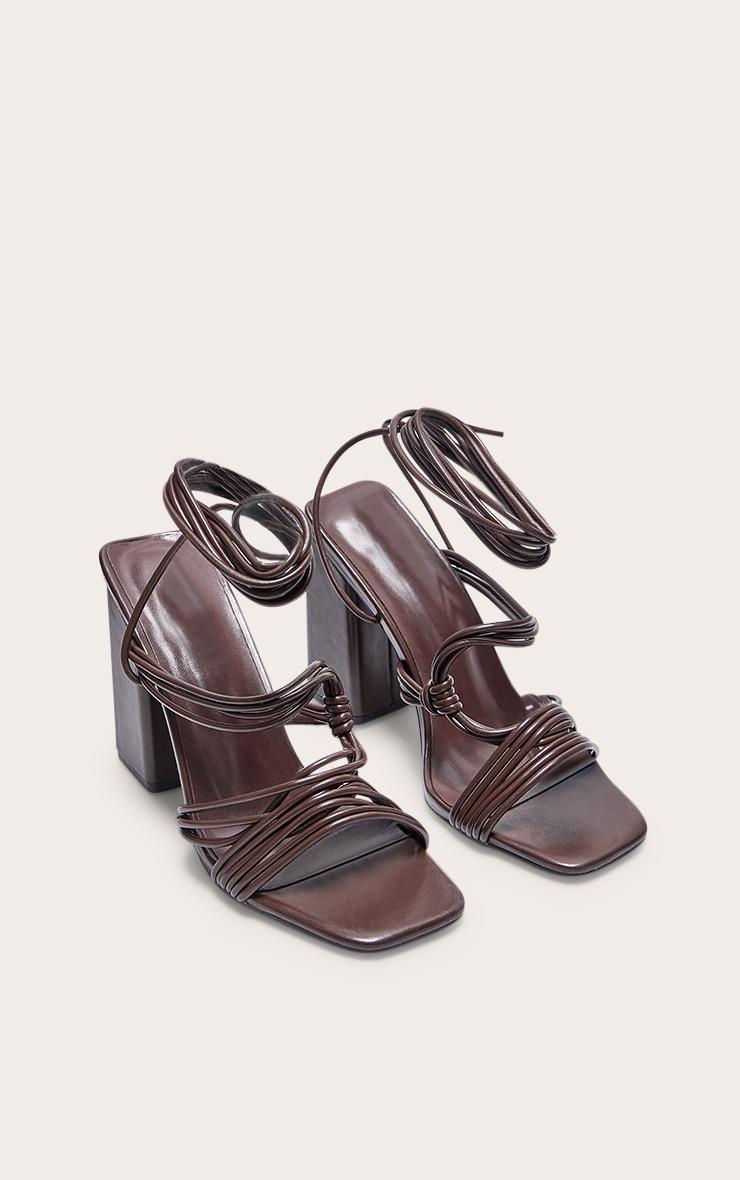 Chocolate Pu Square Toe Strappy Lace Up Block Heeled Sandals Product Image