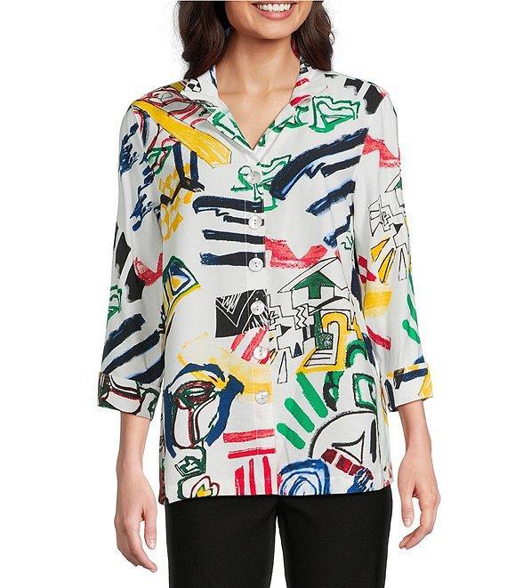 Ali Miles Woven Abstract Doodle Print Wire Collar 3/4 Sleeve Button Front Tunic Product Image