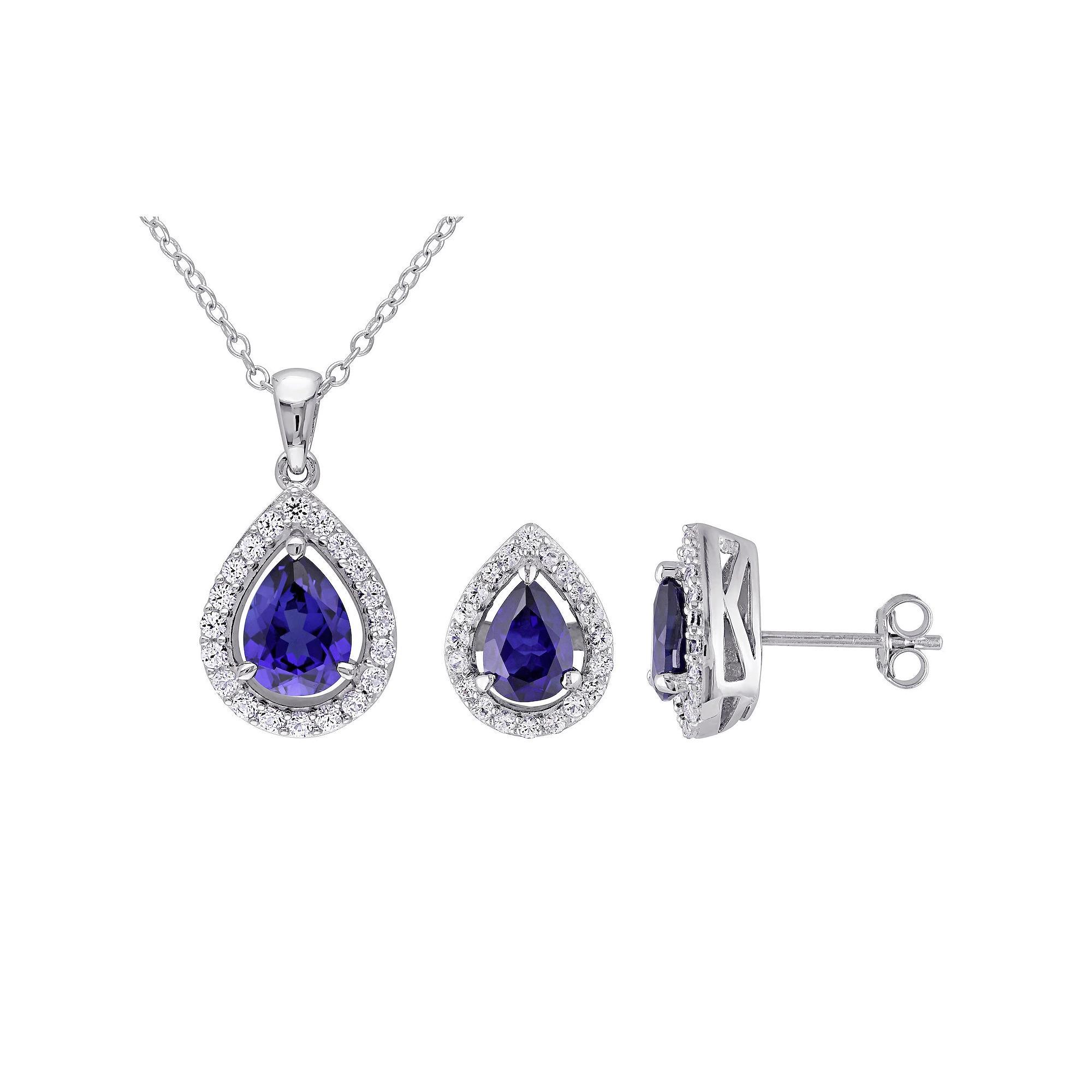 Stella Grace Sterling Silver Lab Created Sapphire Teardrop Pendant & Stud Earring Set, Women's, Size: 18" Product Image