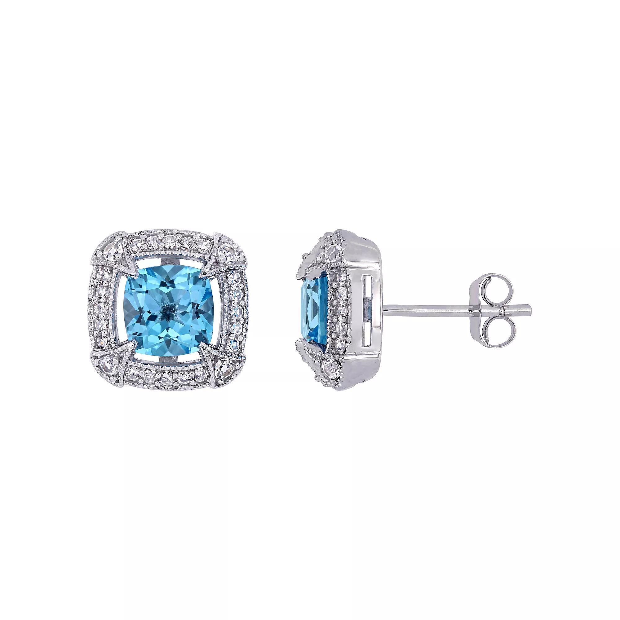 Stella Grace 10k White Gold Swiss Blue Topaz, White Sapphire & 1/5 Carat T.W. Diamond Halo Stud Earrings, Womens, 10k Whgold Product Image