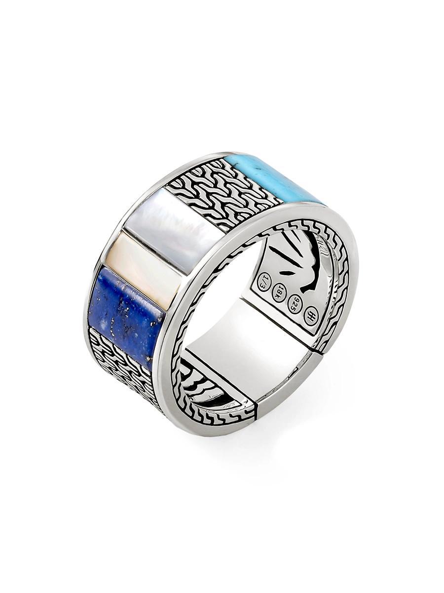 Mens Carved Chain Sterling Silver, Mother-Of-Pearl, Turquoise & Lapis Lazuli Ring Product Image